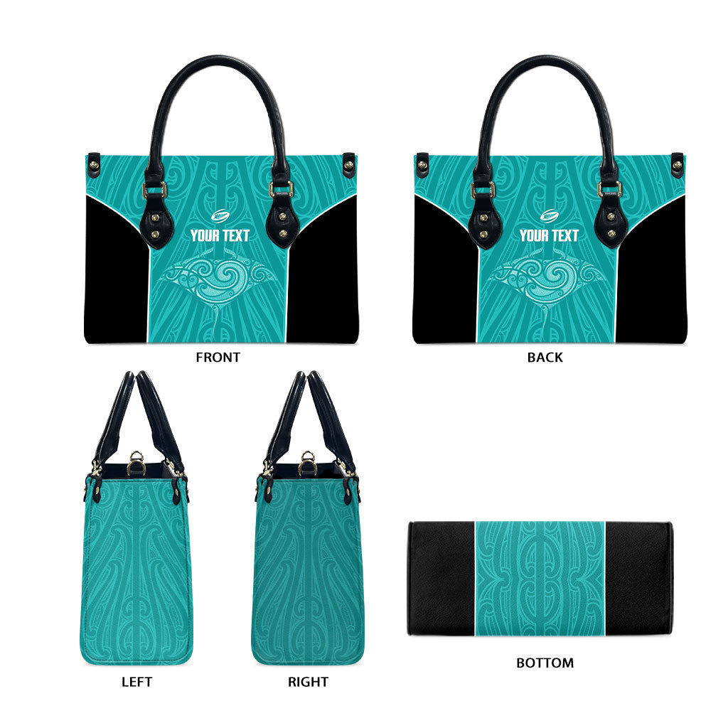 Custom New Zealand Stingray Oztag Leather Bag Tag Rugby Maori Pattern Teal Version