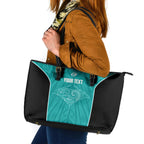Custom New Zealand Stingray Oztag Leather Tote Bag Tag Rugby Maori Pattern Teal Version