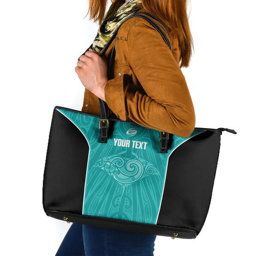 Custom New Zealand Stingray Oztag Leather Tote Bag Tag Rugby Maori Pattern Teal Version