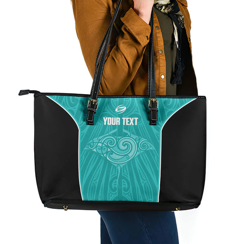 Custom New Zealand Stingray Oztag Leather Tote Bag Tag Rugby Maori Pattern Teal Version