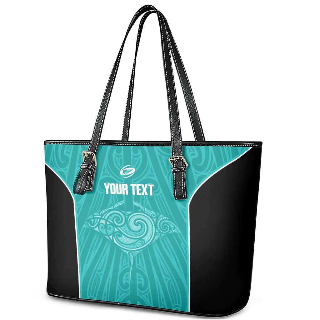 Custom New Zealand Stingray Oztag Leather Tote Bag Tag Rugby Maori Pattern Teal Version