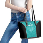 Custom New Zealand Stingray Oztag Leather Tote Bag Tag Rugby Maori Pattern Teal Version