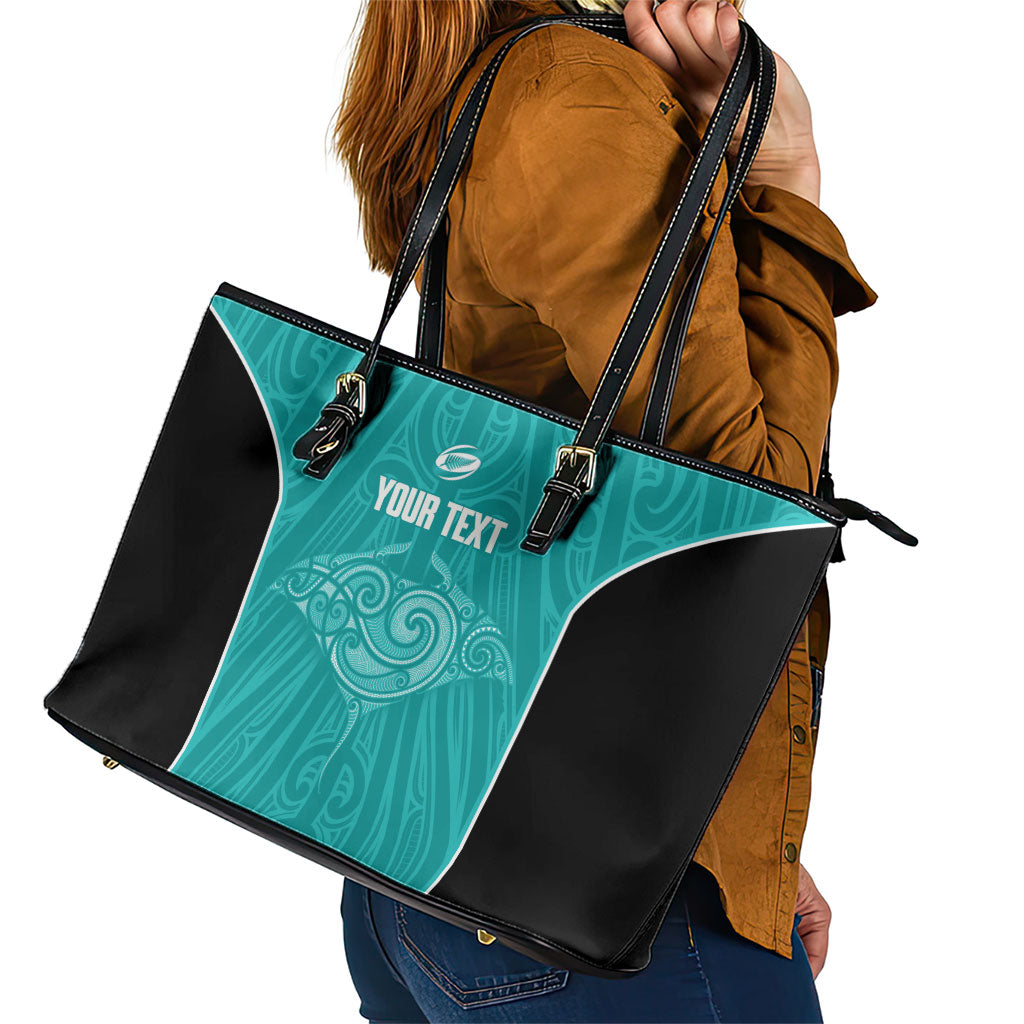 Custom New Zealand Stingray Oztag Leather Tote Bag Tag Rugby Maori Pattern Teal Version