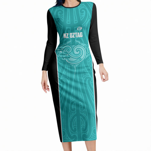 Custom New Zealand Stingray Oztag Long Sleeve Bodycon Dress Tag Rugby Maori Pattern Teal Version