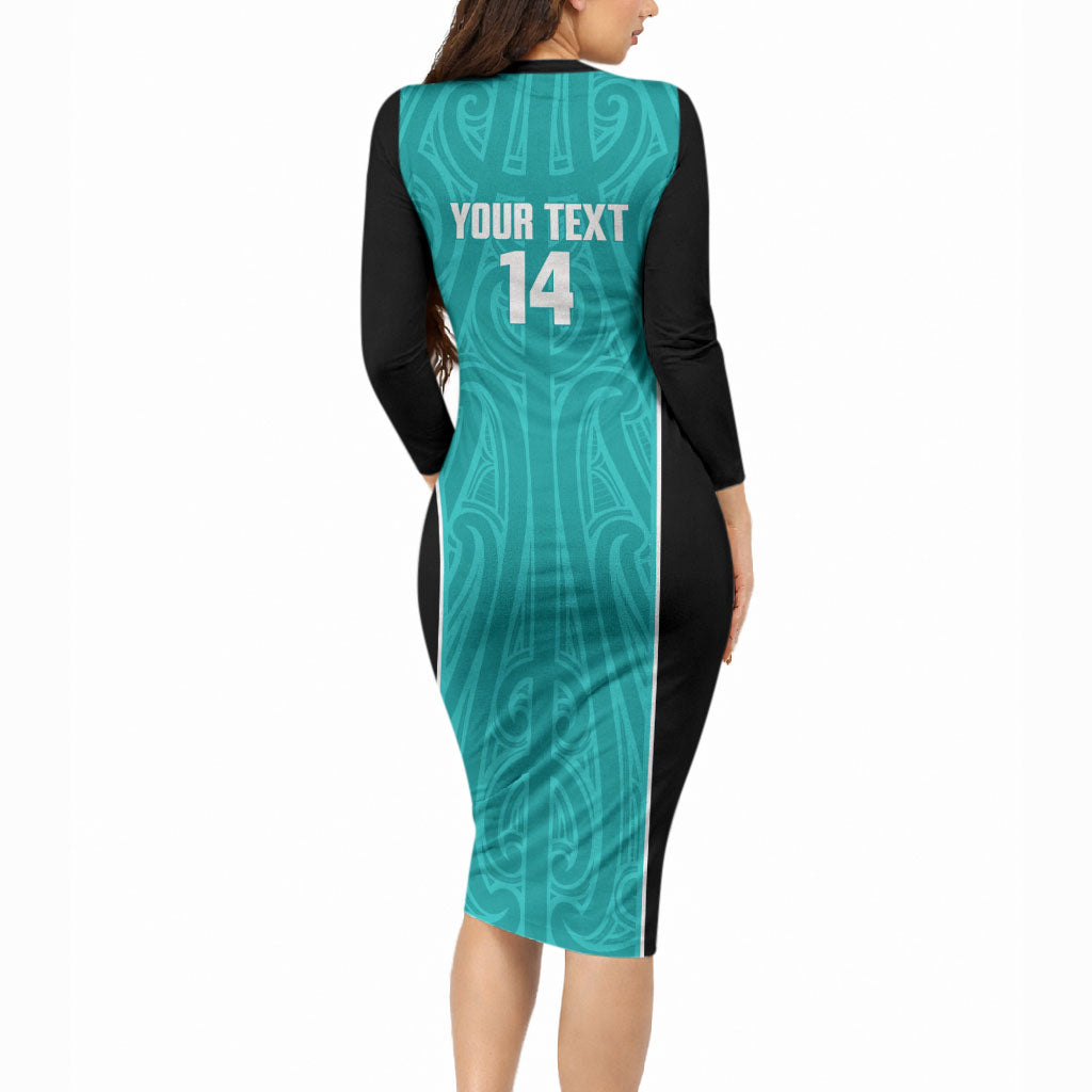 Custom New Zealand Stingray Oztag Long Sleeve Bodycon Dress Tag Rugby Maori Pattern Teal Version