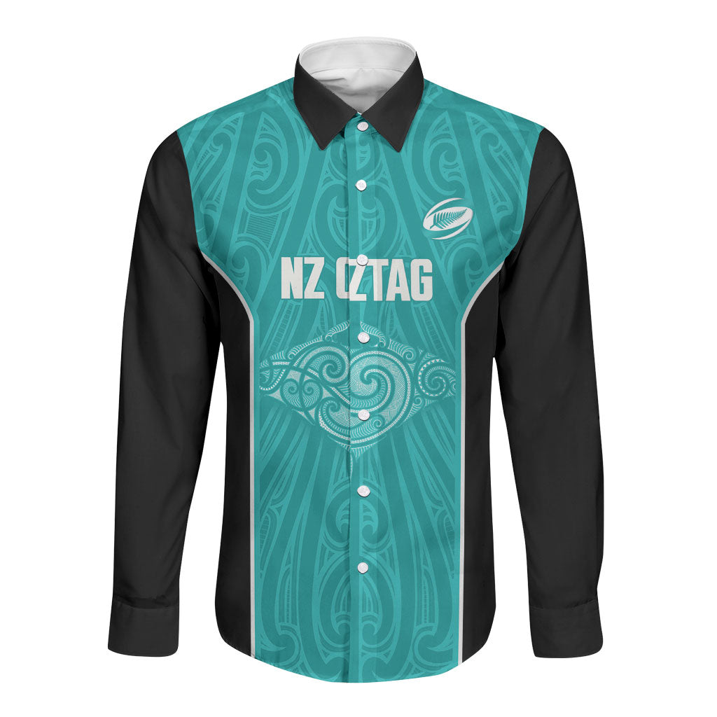 Custom New Zealand Stingray Oztag Long Sleeve Button Shirt Tag Rugby Maori Pattern Teal Version