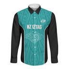Custom New Zealand Stingray Oztag Long Sleeve Button Shirt Tag Rugby Maori Pattern Teal Version