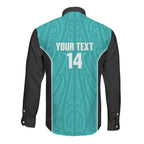 Custom New Zealand Stingray Oztag Long Sleeve Button Shirt Tag Rugby Maori Pattern Teal Version