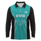 Custom New Zealand Stingray Oztag Long Sleeve Polo Shirt Tag Rugby Maori Pattern Teal Version
