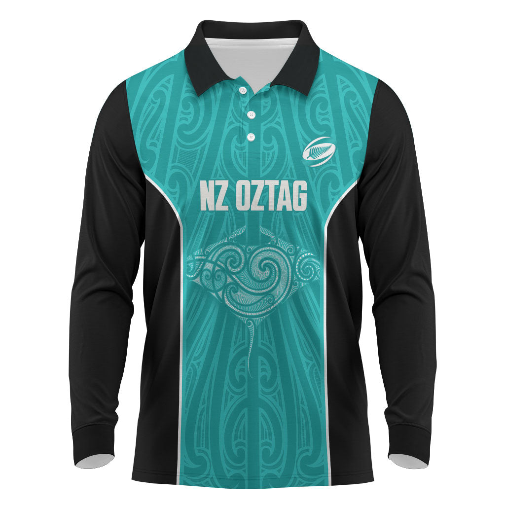 Custom New Zealand Stingray Oztag Long Sleeve Polo Shirt Tag Rugby Maori Pattern Teal Version