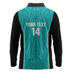 Custom New Zealand Stingray Oztag Long Sleeve Polo Shirt Tag Rugby Maori Pattern Teal Version