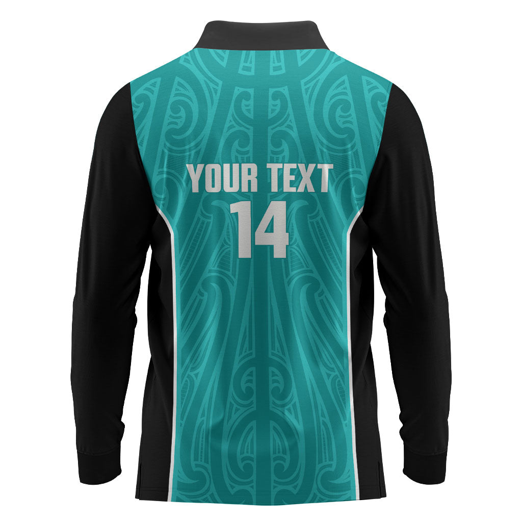 Custom New Zealand Stingray Oztag Long Sleeve Polo Shirt Tag Rugby Maori Pattern Teal Version