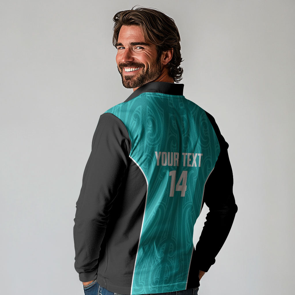 Custom New Zealand Stingray Oztag Long Sleeve Polo Shirt Tag Rugby Maori Pattern Teal Version