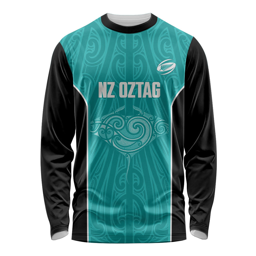 Custom New Zealand Stingray Oztag Long Sleeve Shirt Tag Rugby Maori Pattern Teal Version