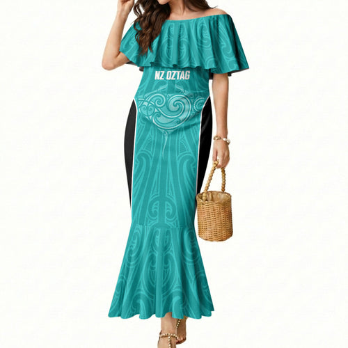Custom New Zealand Stingray Oztag Mermaid Dress Tag Rugby Maori Pattern Teal Version