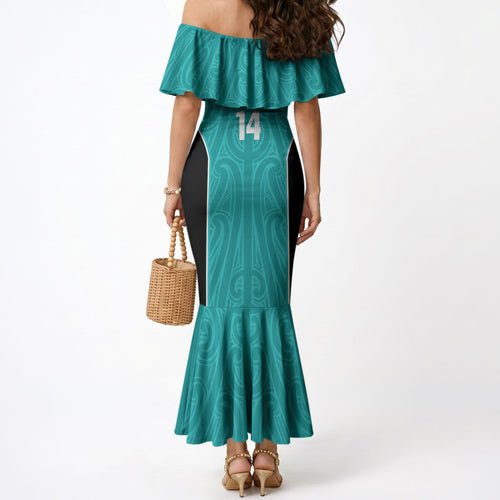 Custom New Zealand Stingray Oztag Mermaid Dress Tag Rugby Maori Pattern Teal Version