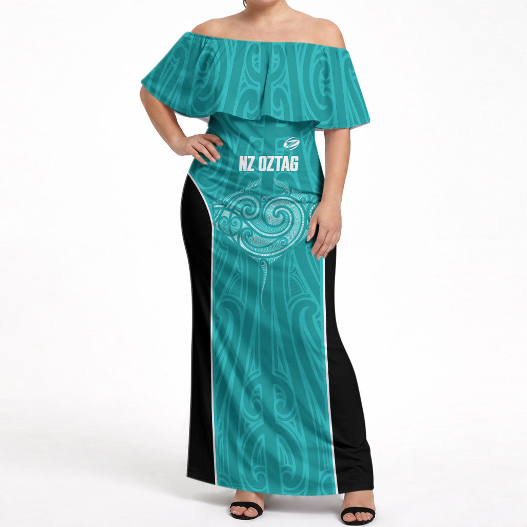 Custom New Zealand Stingray Oztag Off Shoulder Maxi Dress Tag Rugby Maori Pattern Teal Version