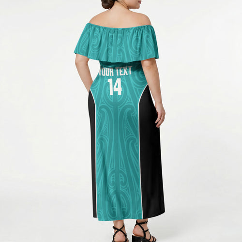 Custom New Zealand Stingray Oztag Off Shoulder Maxi Dress Tag Rugby Maori Pattern Teal Version