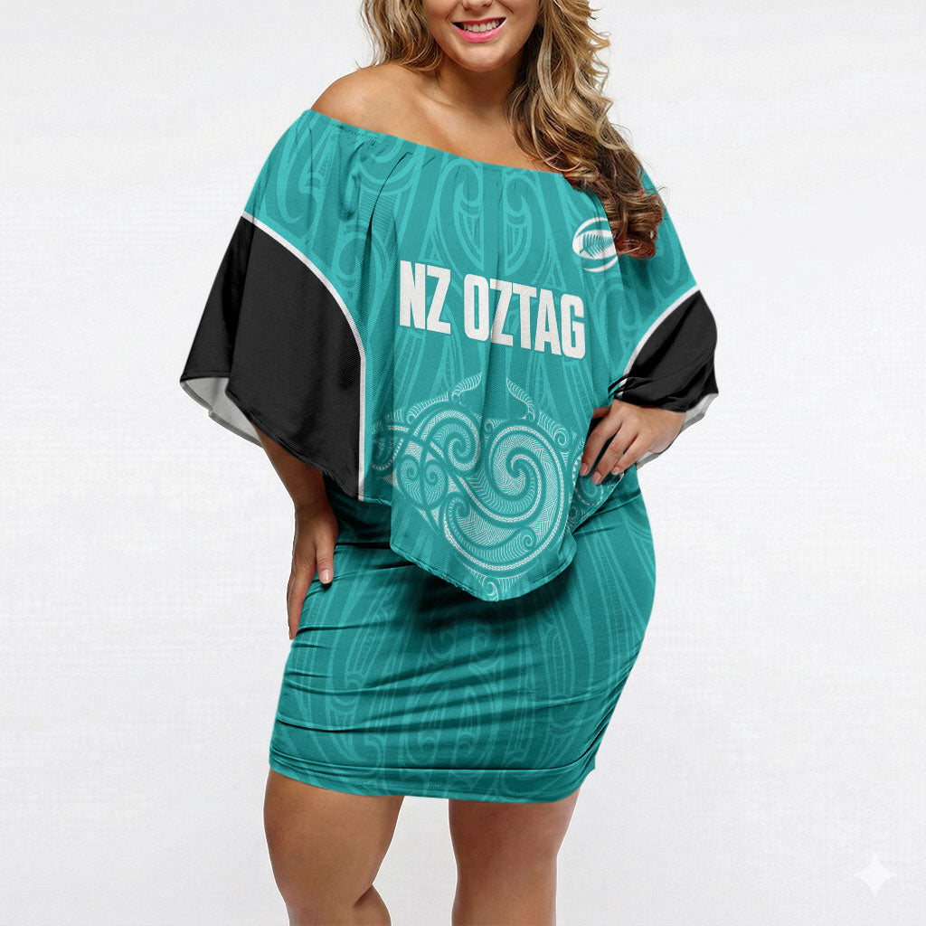 Custom New Zealand Stingray Oztag Off Shoulder Short Dress Tag Rugby Maori Pattern Teal Version