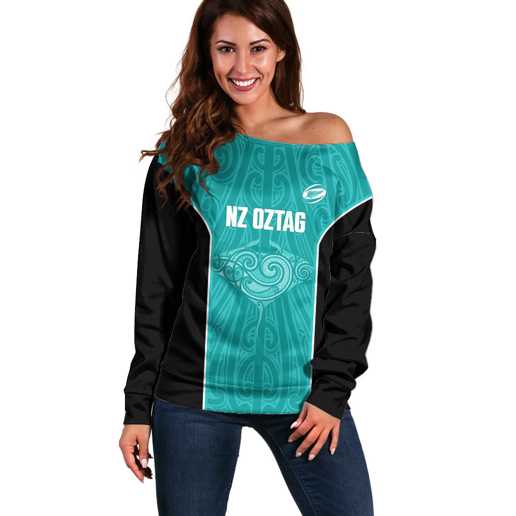 Custom New Zealand Stingray Oztag Off Shoulder Sweater Tag Rugby Maori Pattern Teal Version