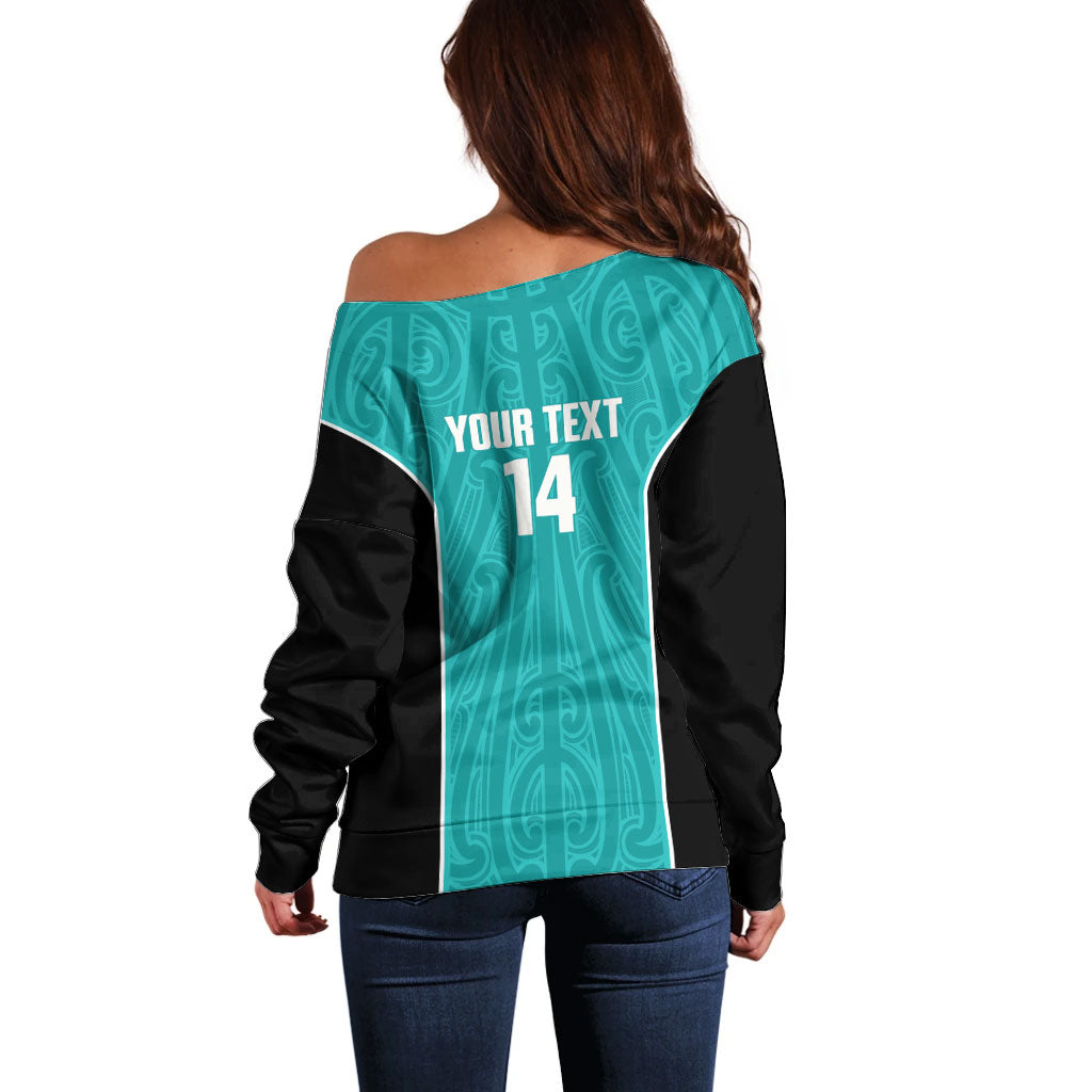 Custom New Zealand Stingray Oztag Off Shoulder Sweater Tag Rugby Maori Pattern Teal Version