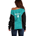 Custom New Zealand Stingray Oztag Off Shoulder Sweater Tag Rugby Maori Pattern Teal Version