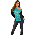 Custom New Zealand Stingray Oztag Off Shoulder Sweater Tag Rugby Maori Pattern Teal Version