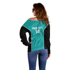 Custom New Zealand Stingray Oztag Off Shoulder Sweater Tag Rugby Maori Pattern Teal Version