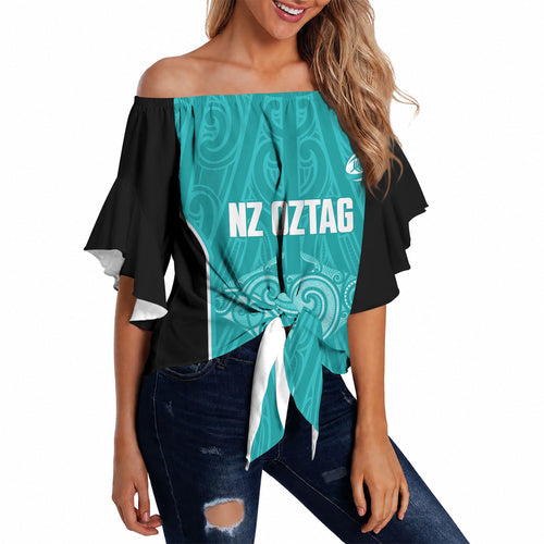 Custom New Zealand Stingray Oztag Off Shoulder Wrap Waist Top Tag Rugby Maori Pattern Teal Version