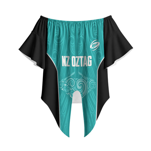 Custom New Zealand Stingray Oztag Off Shoulder Wrap Waist Top Tag Rugby Maori Pattern Teal Version