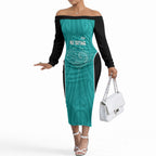 Custom New Zealand Stingray Oztag Off The Shoulder Long Sleeve Dress Tag Rugby Maori Pattern Teal Version