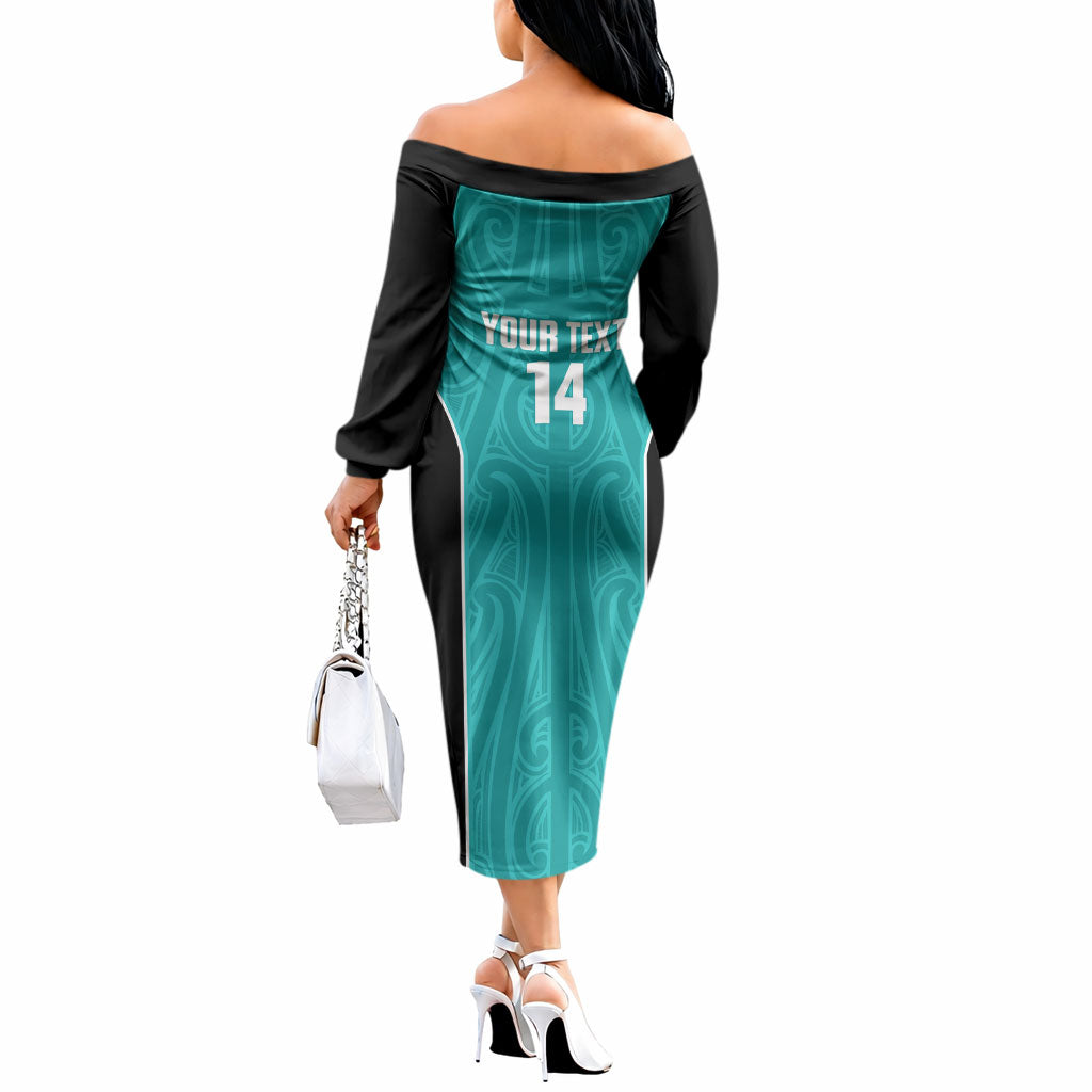 Custom New Zealand Stingray Oztag Off The Shoulder Long Sleeve Dress Tag Rugby Maori Pattern Teal Version
