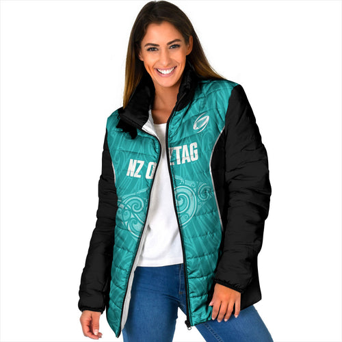Custom New Zealand Stingray Oztag Padded Jacket Tag Rugby Maori Pattern Teal Version