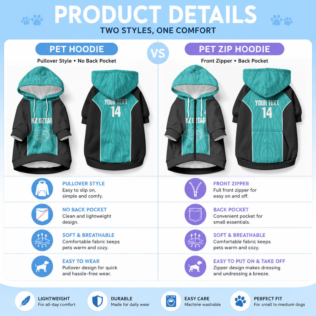 Custom New Zealand Stingray Oztag Pet Hoodie Tag Rugby Maori Pattern Teal Version