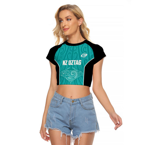 Custom New Zealand Stingray Oztag Raglan Cropped T Shirt Tag Rugby Maori Pattern Teal Version