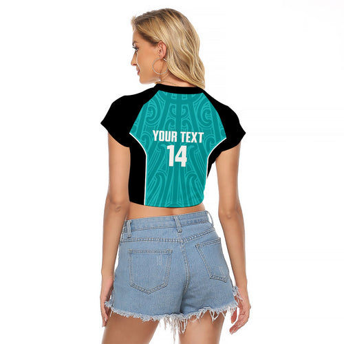 Custom New Zealand Stingray Oztag Raglan Cropped T Shirt Tag Rugby Maori Pattern Teal Version