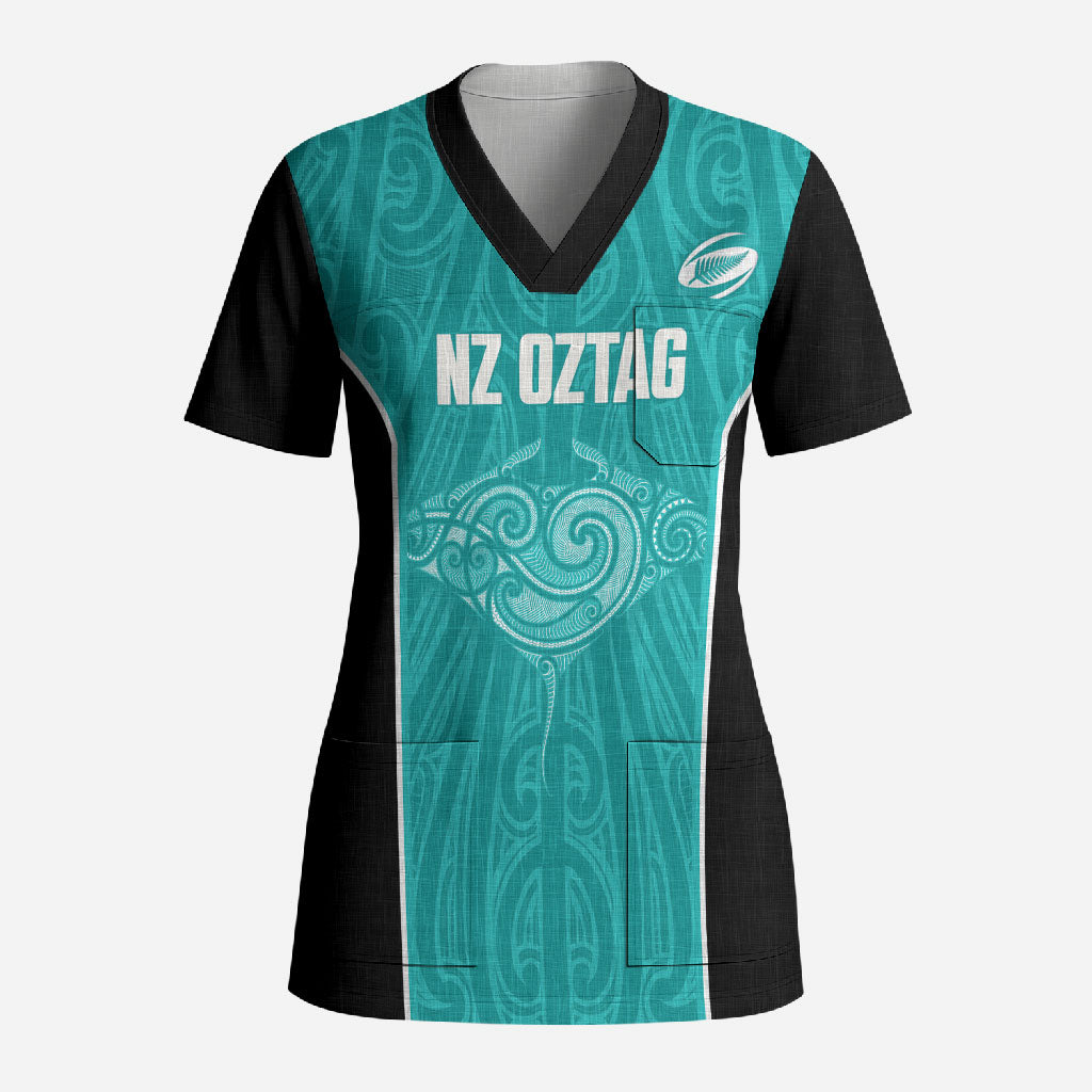 Custom New Zealand Stingray Oztag Scrub Top Tag Rugby Maori Pattern Teal Version