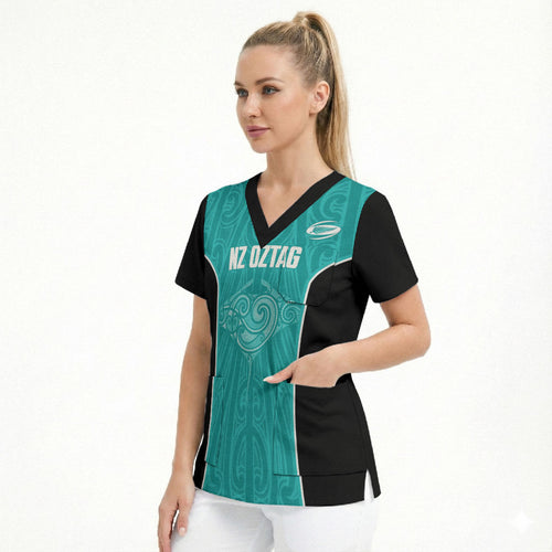 Custom New Zealand Stingray Oztag Scrub Top Tag Rugby Maori Pattern Teal Version