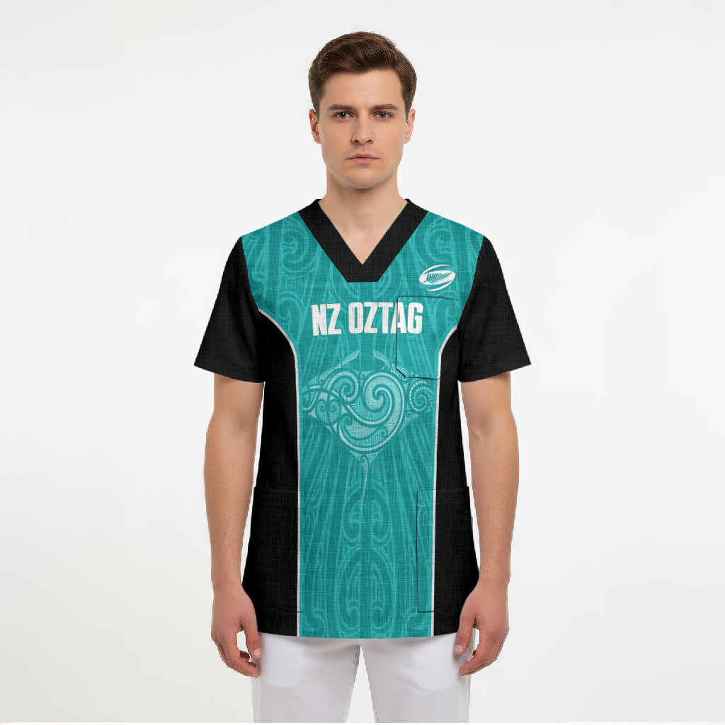 Custom New Zealand Stingray Oztag Scrub Top Tag Rugby Maori Pattern Teal Version
