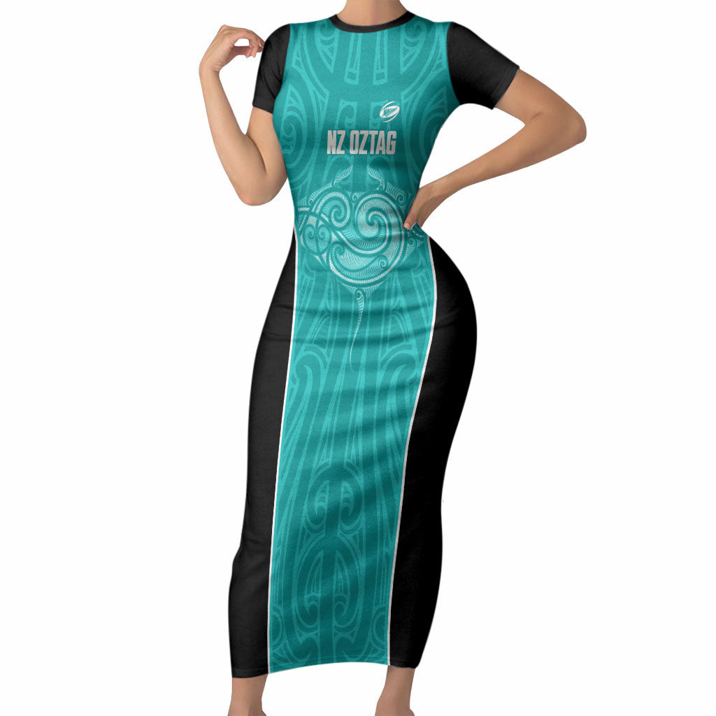 Custom New Zealand Stingray Oztag Short Sleeve Bodycon Dress Tag Rugby Maori Pattern Teal Version