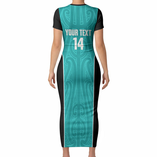 Custom New Zealand Stingray Oztag Short Sleeve Bodycon Dress Tag Rugby Maori Pattern Teal Version