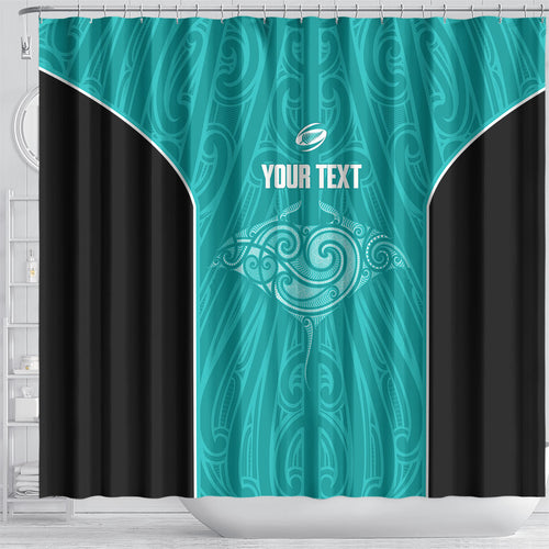 Custom New Zealand Stingray Oztag Shower Curtain Tag Rugby Maori Pattern Teal Version