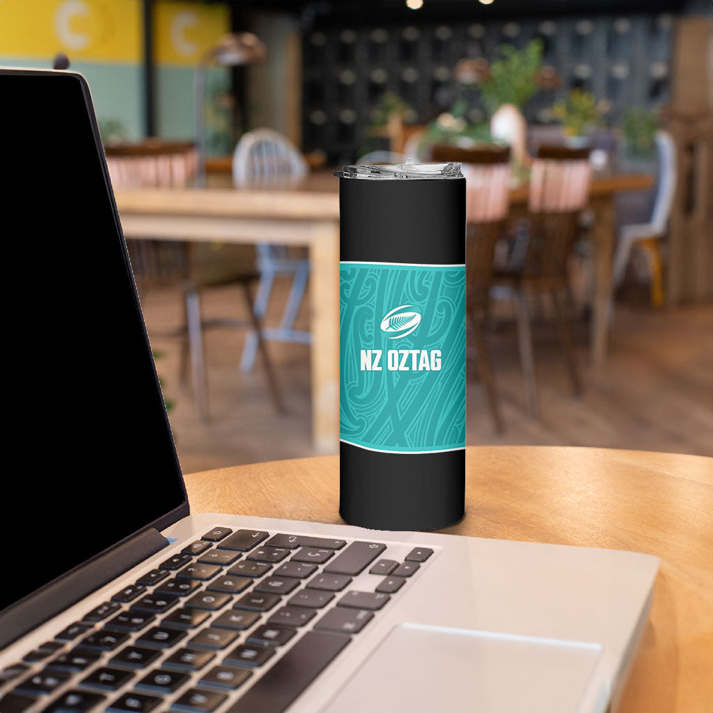 Custom New Zealand Stingray Oztag Skinny Tumbler Tag Rugby Maori Pattern Teal Version