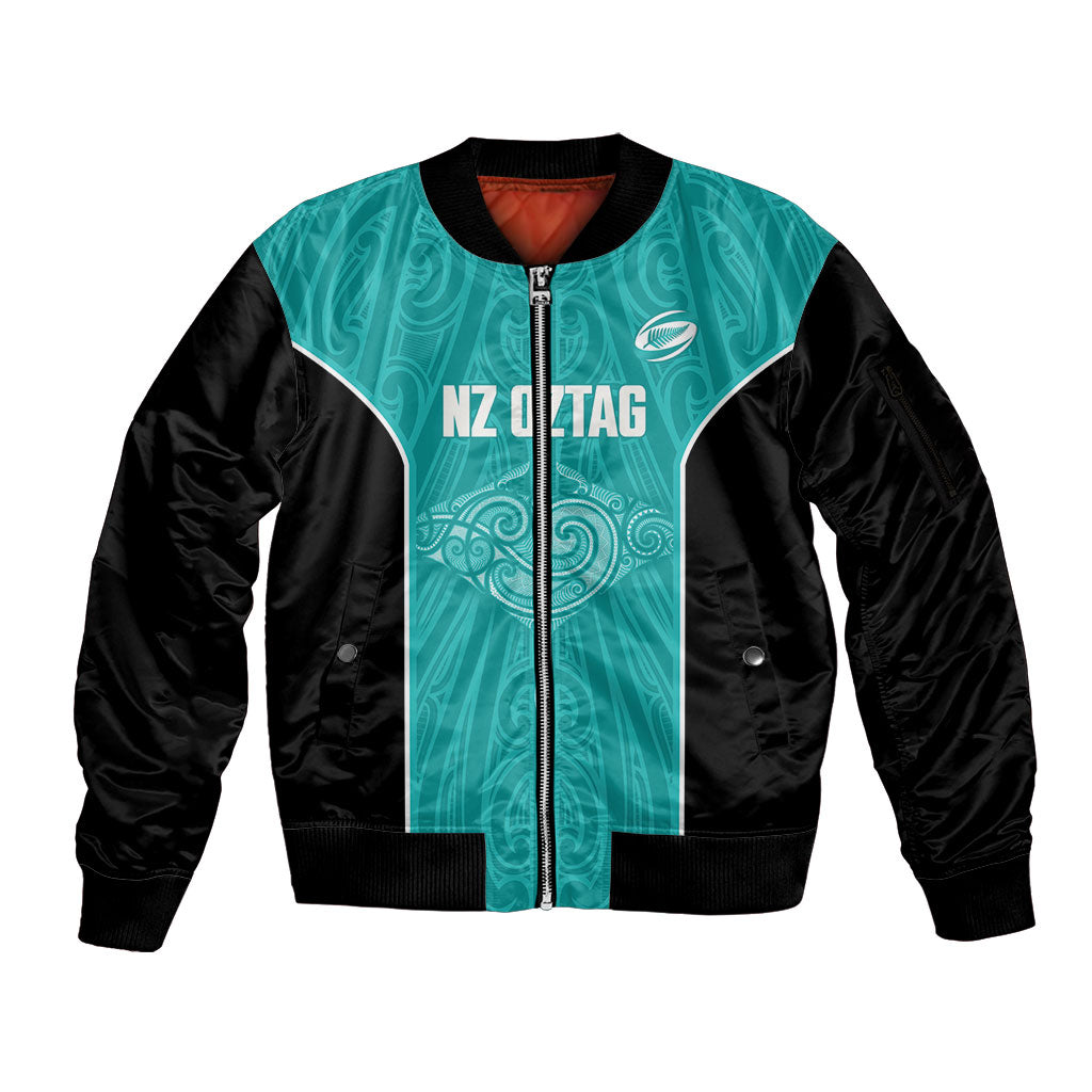 Custom New Zealand Stingray Oztag Sleeve Zip Bomber Jacket Tag Rugby Maori Pattern Teal Version