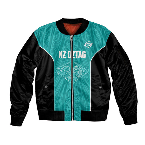 Custom New Zealand Stingray Oztag Sleeve Zip Bomber Jacket Tag Rugby Maori Pattern Teal Version