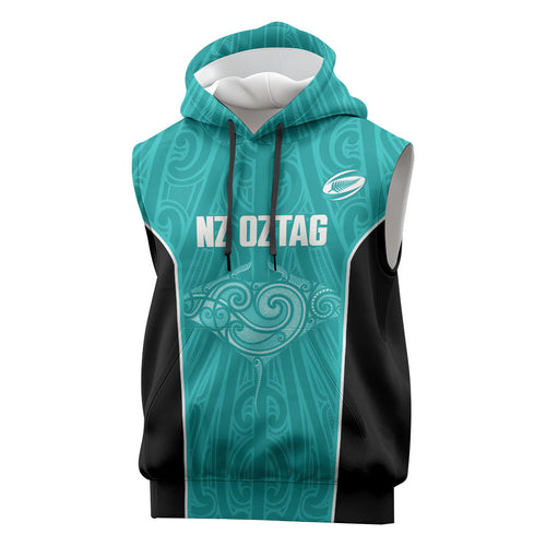 Custom New Zealand Stingray Oztag Sleeveless Hoodie Tag Rugby Maori Pattern Teal Version