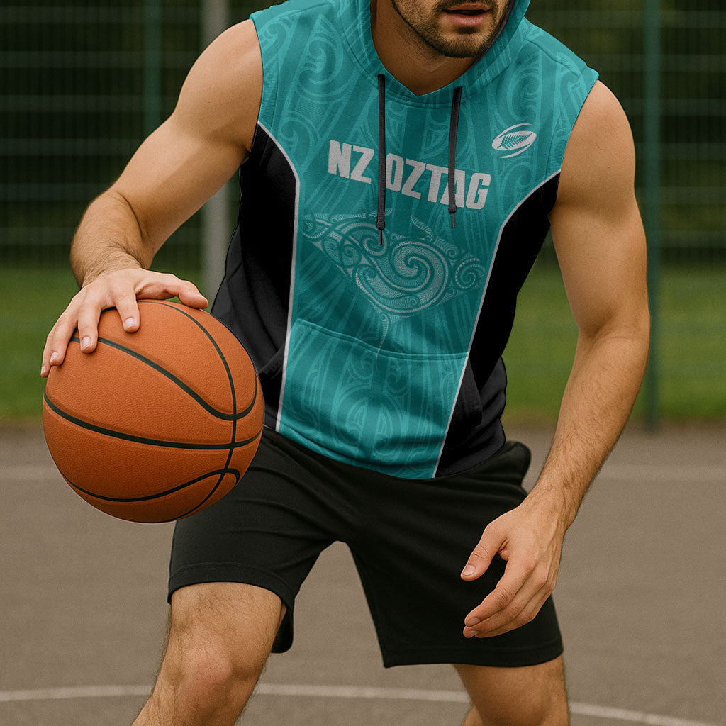 Custom New Zealand Stingray Oztag Sleeveless Hoodie Tag Rugby Maori Pattern Teal Version