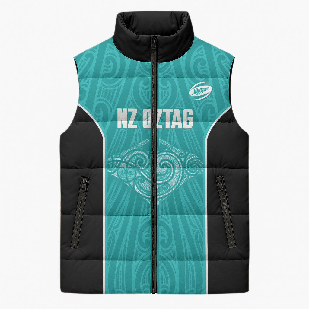 Custom New Zealand Stingray Oztag Sleeveless Puffer Jacket Tag Rugby Maori Pattern Teal Version