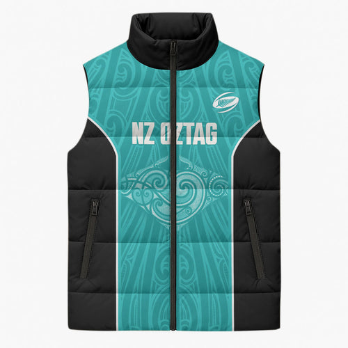 Custom New Zealand Stingray Oztag Sleeveless Puffer Jacket Tag Rugby Maori Pattern Teal Version