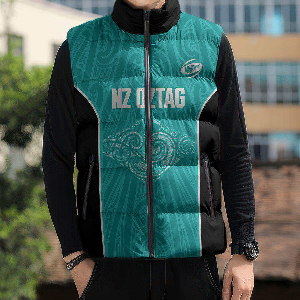 Custom New Zealand Stingray Oztag Sleeveless Puffer Jacket Tag Rugby Maori Pattern Teal Version